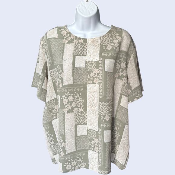 Ship ’n Shore patchwork floral blouse sage green/cream short sleeve boxy 90s - Picture 1 of 4